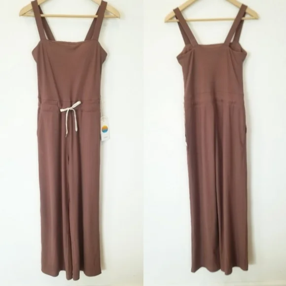 Vuori Mudra Jumpsuit Women's Ribbed Drawstring Pockets Athleisure Hazelnut NWT - Picture 3 of 13